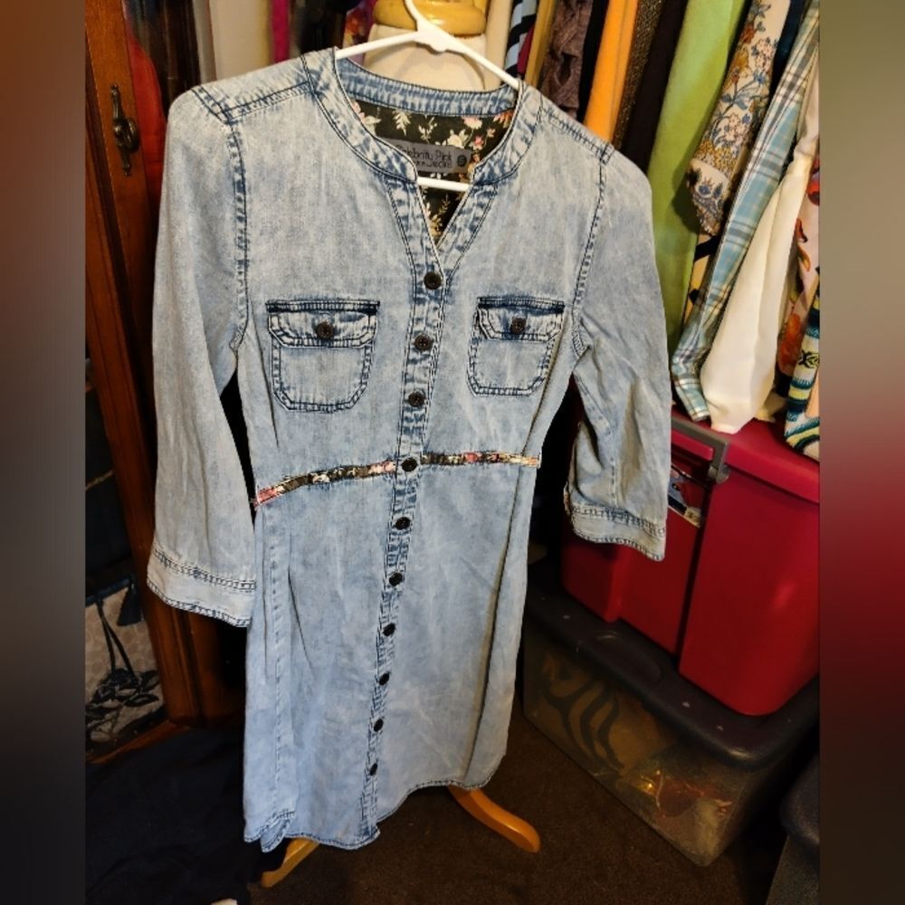 Vintage Denim Jean Dress With Floral Touches S